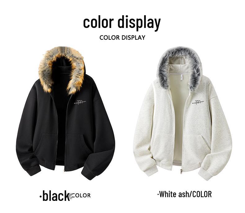 Retro Loose Fit Hoodie with Fur Collar - Unisex Fleece Outerwear for Autumn and Winter