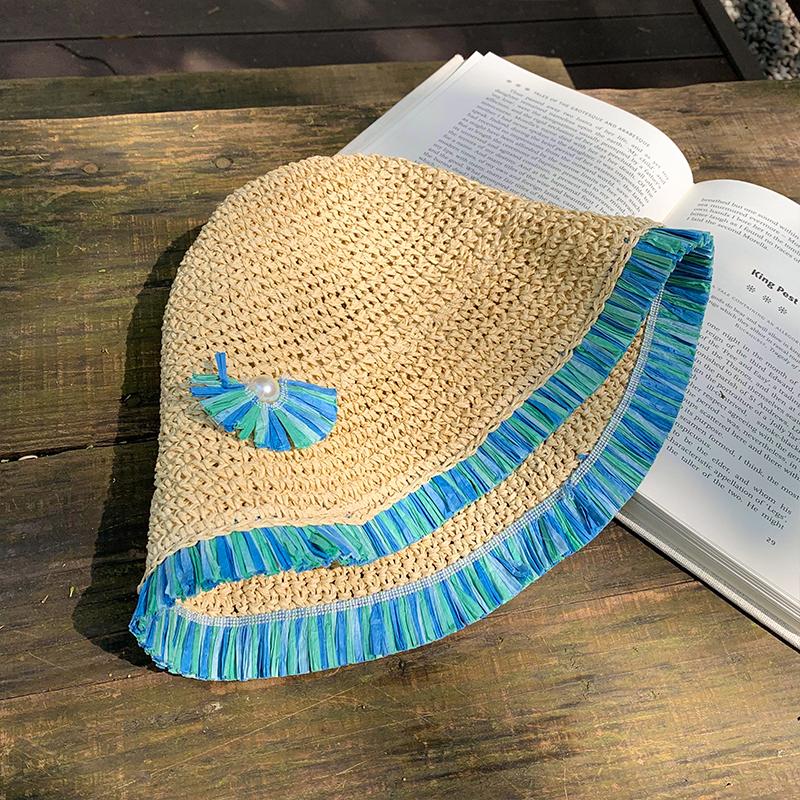 Свежая мятно-зеленая кружевная соломенная шляпа для женщин 2024 года, летняя дорожная шляпа с большими полями, защита от солнца, универсальная складная повседневная шляпа-ведро