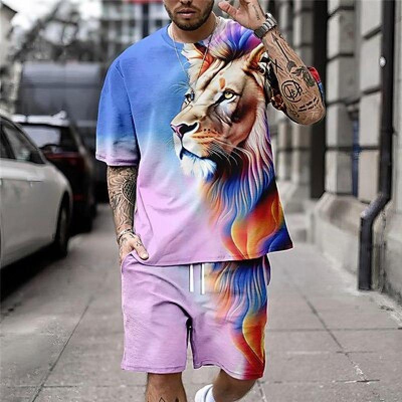 Животное Лев Графические принты Спортивный дизайнер Повседневная мужская рубашка Комплект шорты и футболка Футболка Наряды На открытом воздухе Футболка для ежедневного отпуска Красный Синий Оранжевый