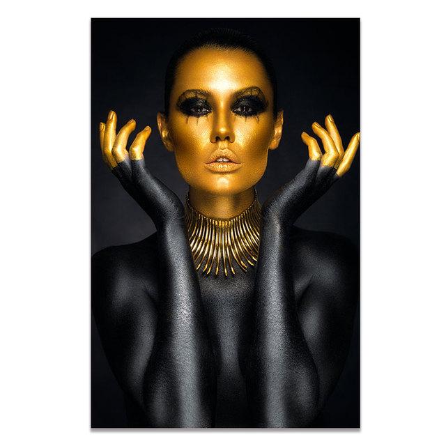 Картина на холсте, настенная картина, модная Африка, золотые, черные женские постеры, принты, произведения искусства для скандинавского модульного домашнего декора гостиной