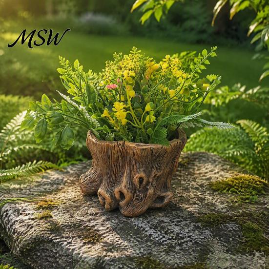 Resin Flower Pots for Indoor Plants Tree Stump Flowerpot Succulents Small Plants, Imitation Wood Grain Planter Artistic Containers Herbs Home