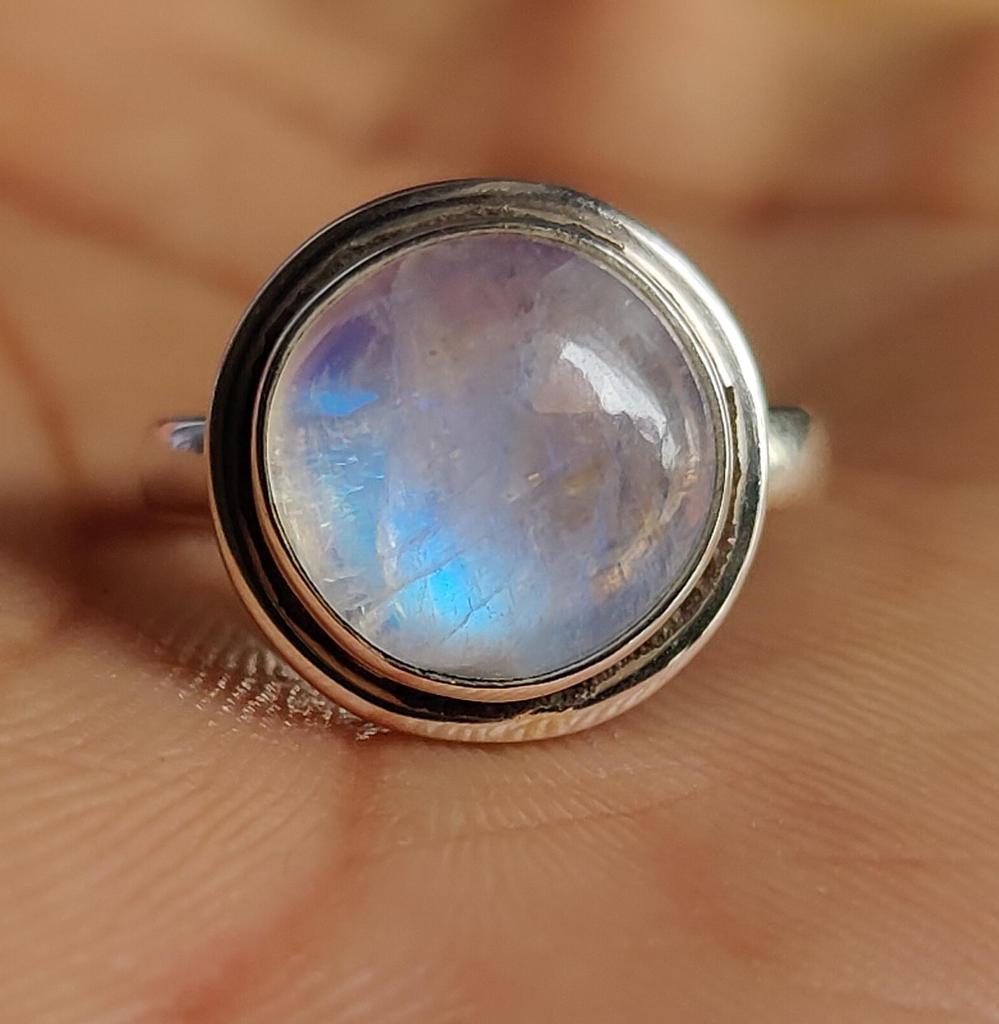 Кольцо с радужным лунным камнем, ювелирные изделия ручной работы, кольцо для женщин, стерлинговое серебро 925 пробы, драгоценный камень круглой формы, подарок для нее, эффектное кольцо