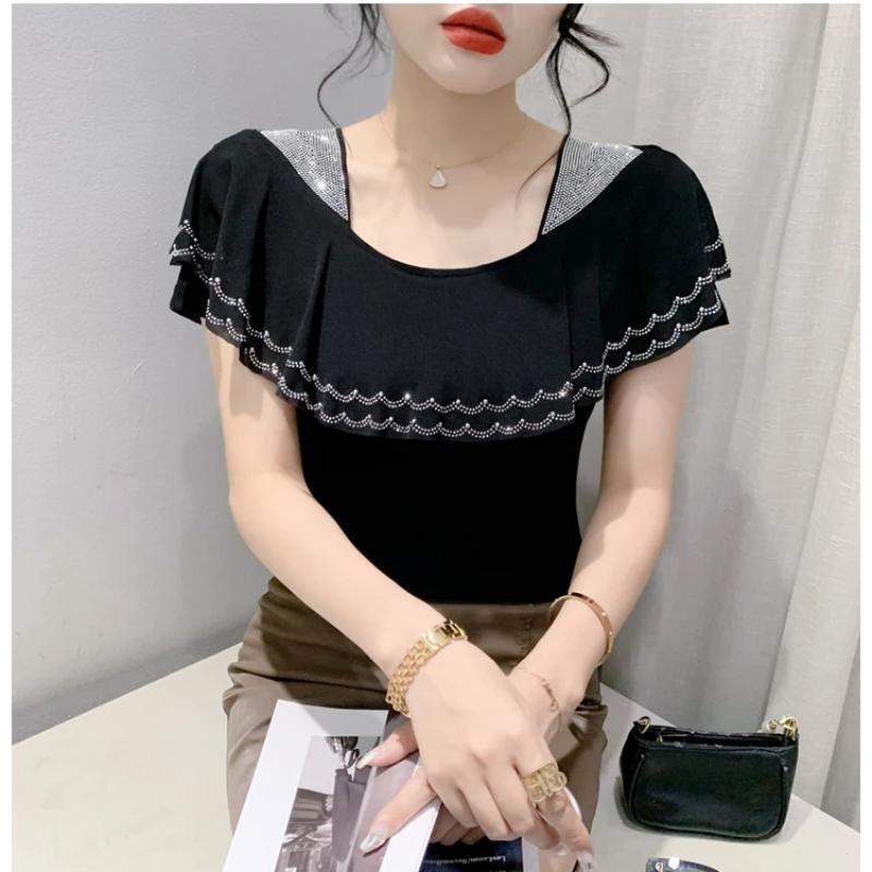 Summer Ruffles Hot Diamonds Square Collar T-Shirts Women Short Sleeved Mesh Tops Shirts Streetwear Girl Fashion Tees Blouse