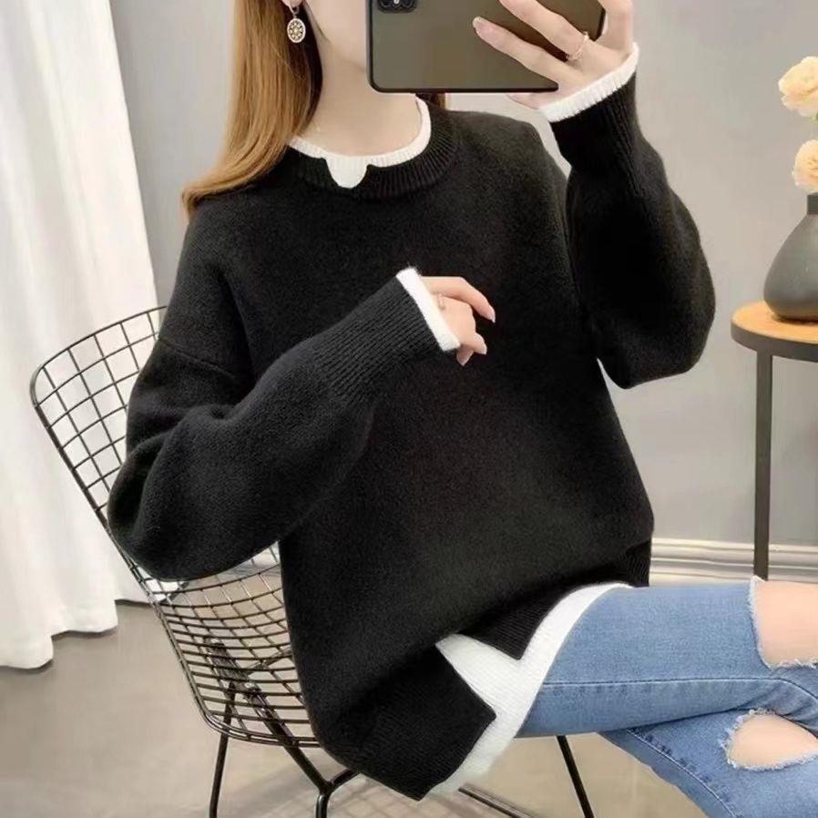 Свитер большого размера из толстой вязки на осень/зиму - Свободный крой, корейский стиль, Двухцветный дизайн, Повседневная вязаная одежда для женщин