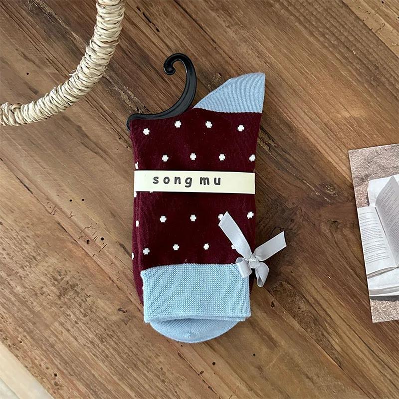 Женские носки в горошек с милым бантом для девочек JK Lolita Kawaii, носки в корейском стиле, в стиле Харадзюку, в стиле ретро, в уличном стиле, хлопковые носки средней длины