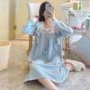 Women's Cute Cotton Nightdress - Square Collar, Long Sleeves, Plus Size, Spring & Autumn