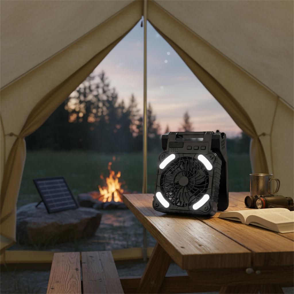 Solar Powered Fan with LED Light 5200mAh Battery Portable Polysilicon Panel Fan for Outdoor Camping Emergency Use