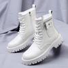 Men's Fashionable Men's Ankle Boots English Style Thick Soled Lace Up  Boots Round Head Leather Shoes Mid Heel White Motorcycle