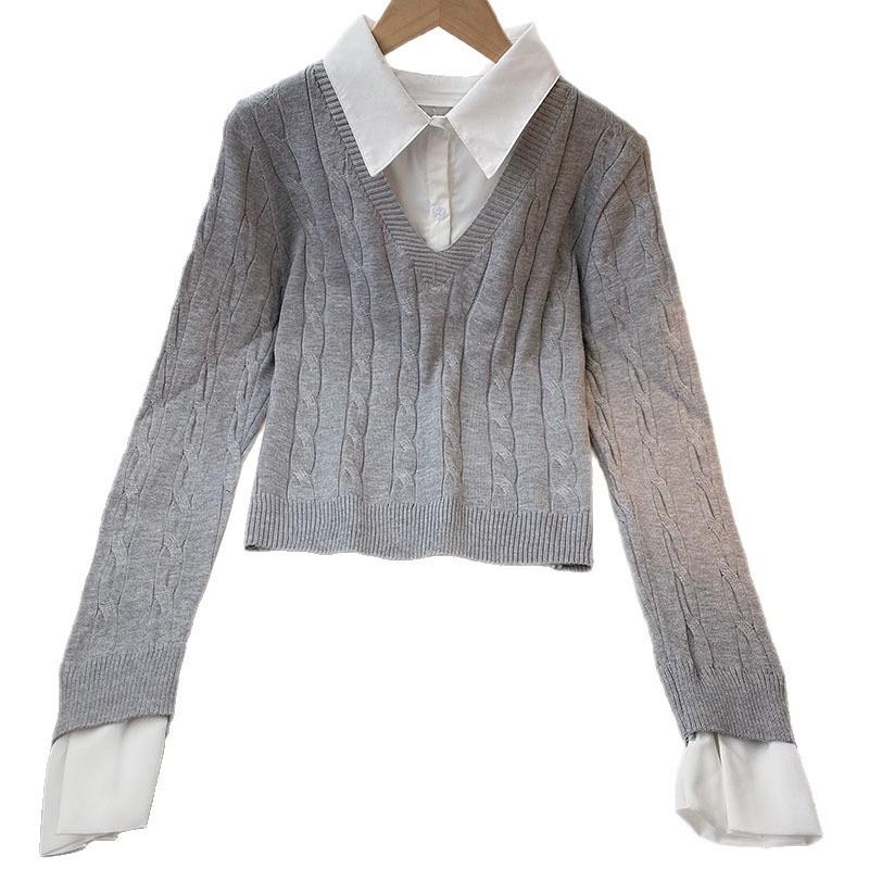 Lapel Splicing Fake Two-piece Sweater Women's Autumn and Winter New Slim-fit Long-sleeved Knitted Top Trendy