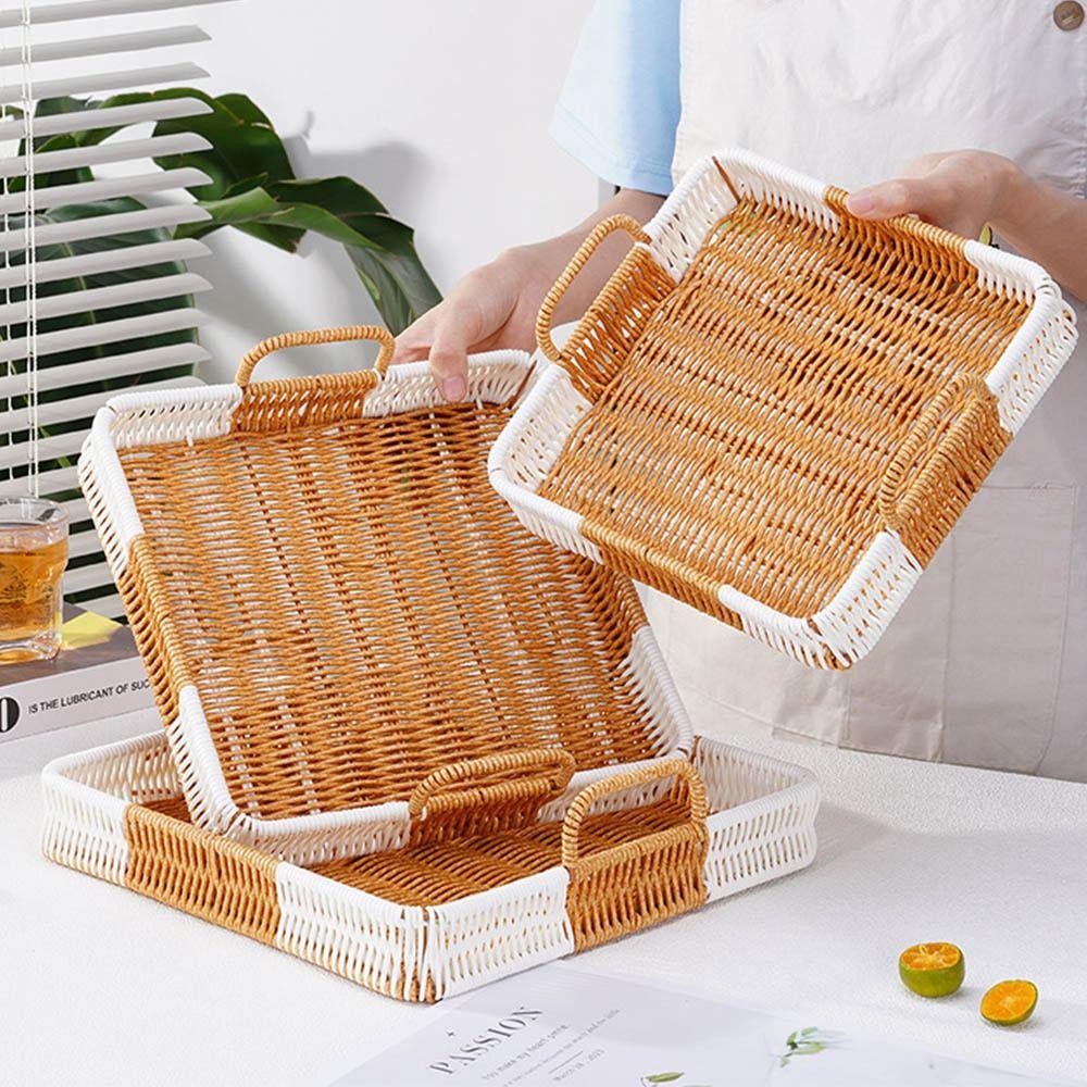 with Handles Woven Serving Tray Washable Imitation Rattan Fruit Plate Kitchen Storage