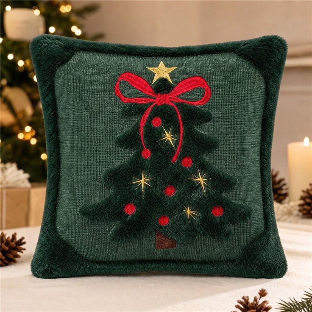 Soft Texture Christmas Throw Pillow Cover Embroidered Bow & Star Decorative Pillow Cover Home