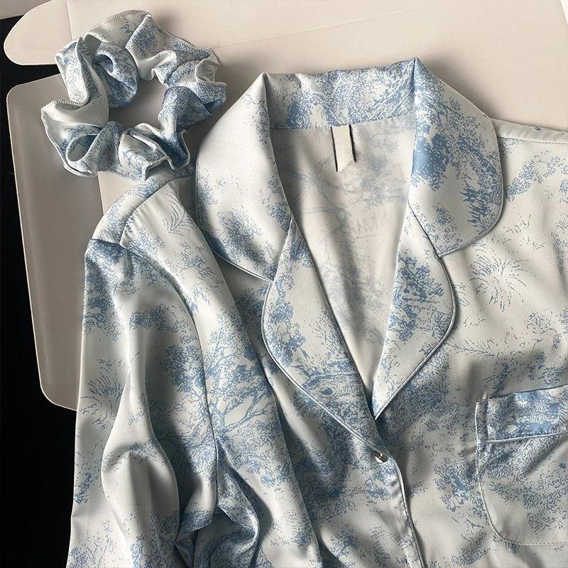 Осенне-зимняя женская домашняя одежда из шелка с отворотами и пуговицами, кардиган из 2 предметов, комплект одежды для женщин, пижама с принтом для женщин