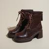 Women's Platform Chelsea Boots New Round Toe Chunky Heel Women Brown Ankle Boots Lace-up High Heel Leather Boots D460