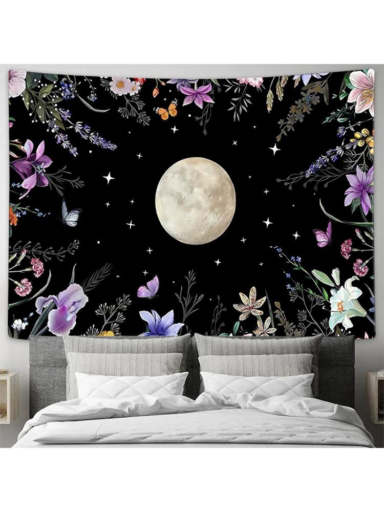 Moonlit Night Butterfly Tapestry with Starry Sky and Flowers Wall Decor for Bedroom Living Room Background