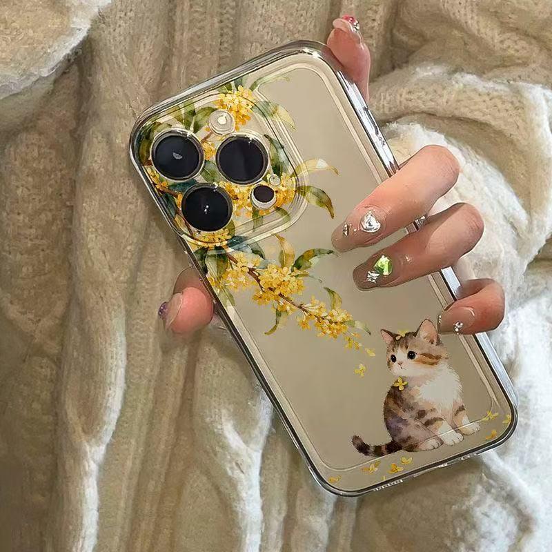 Чехол для iPhone с османтусом и кошкой: Совместимо с iPhone 13, 14, 15 Pro, 16 Pro Max. Защита от падений, Полное покрытие.