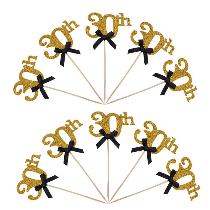 10 шт. золотые серебряные украшения для торта на 30-е, 40-е, 50-е, 60-е годы, украшение для вечеринки по случаю дня рождения, украшения для кексов с черным бантом на годовщину для взрослых