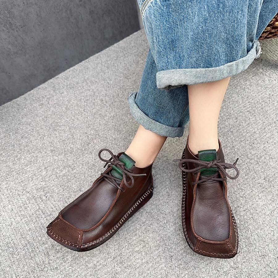 Johnature Короткие сапоги с квадратным носком, универсальные женские туфли на плоской подошве из натуральной кожи на шнуровке в стиле ретро в стиле ретро