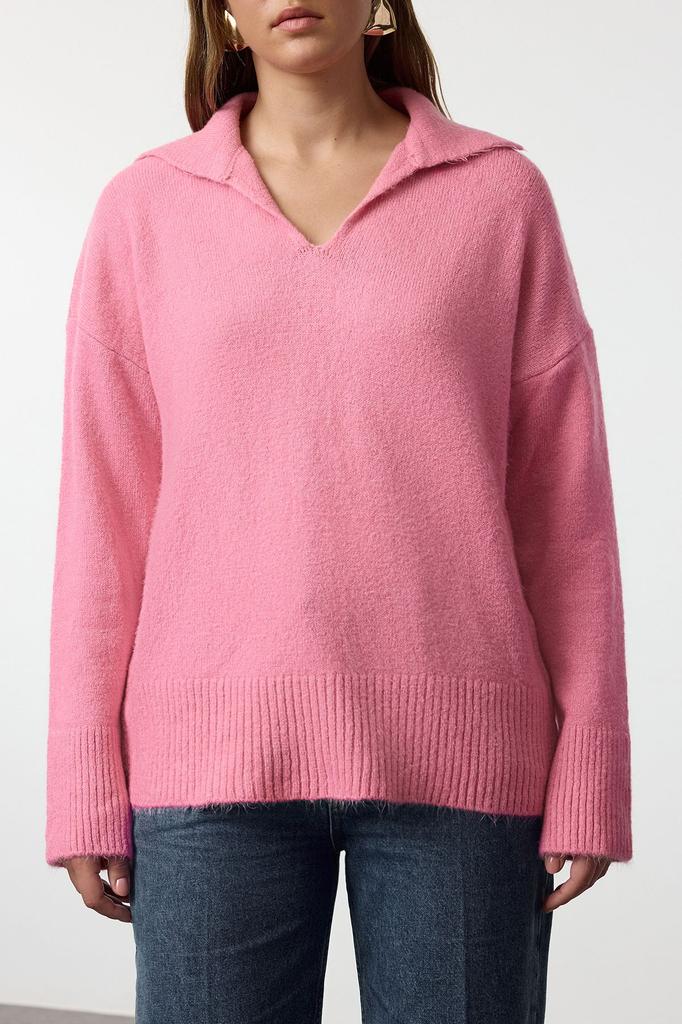 Women's Fashionable Stylish Sweater Pink Woolen Wide Fit Polo Neck Basic Knitwear Sweater