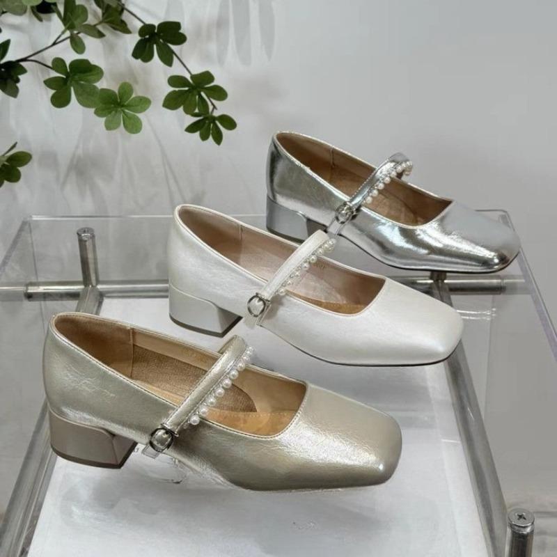 Туфли-лодочки на среднем каблуке с бусинами, осенние новые, с квадратным носком, с мелким вырезом, на одной перемычке, с мягкой подошвой, нескользящие, на блочном каблуке