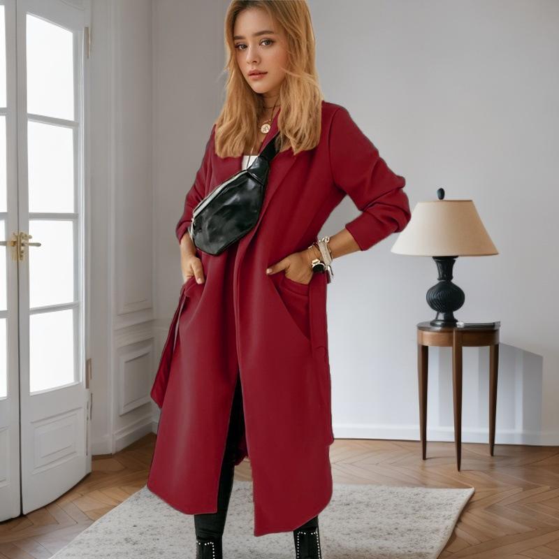 Осенне-зимнее удлиненное шерстяное женское пальто большого размера со шнуровкой