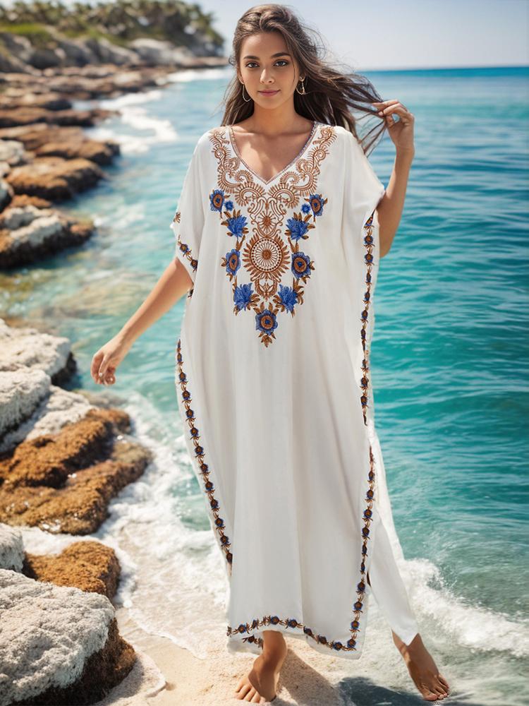 EDOLYNSA White Vintage Embroidered Long Kaftan Casual V-neck Maxi Dress Summer Clothing Women Beach Wear Swim Suit Cover Up Q1490