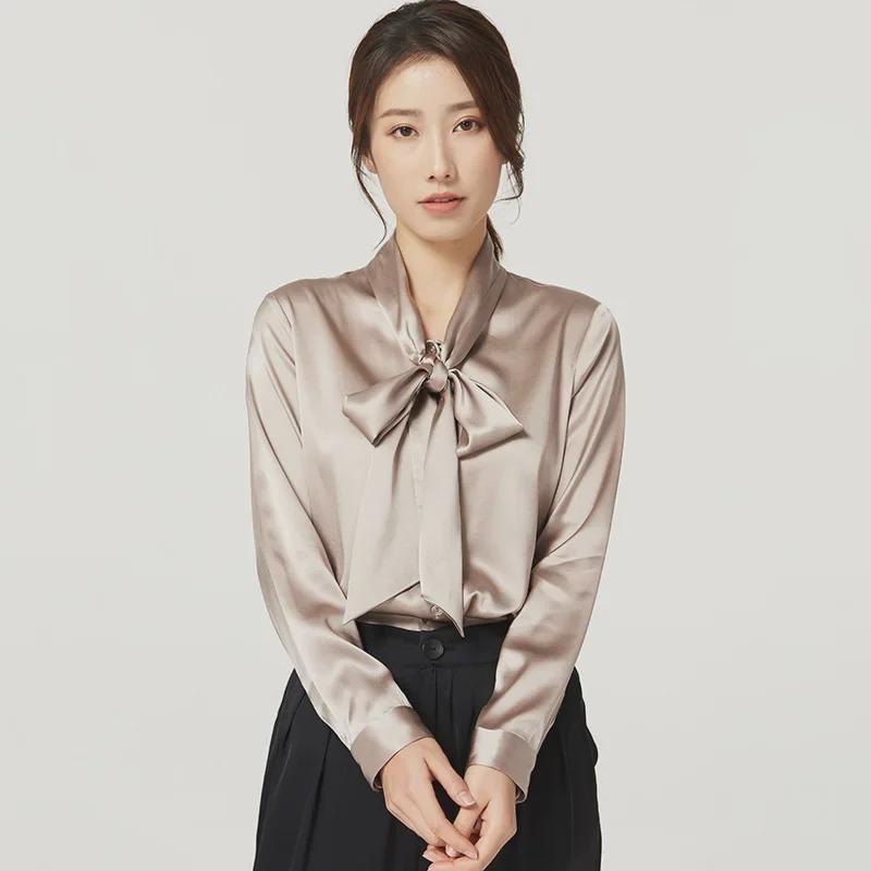 Women's Early Spring Mulberry Silk Satin Blouse with Bow - Long Sleeve
