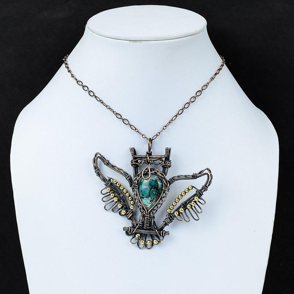 Azurite Malachite Pendant Copper Wire Wrapped Pendant Gemstone Owl Pendant Handmade Copper Jewelry Unique Pendant Wire Wrap Jewelry For Gift