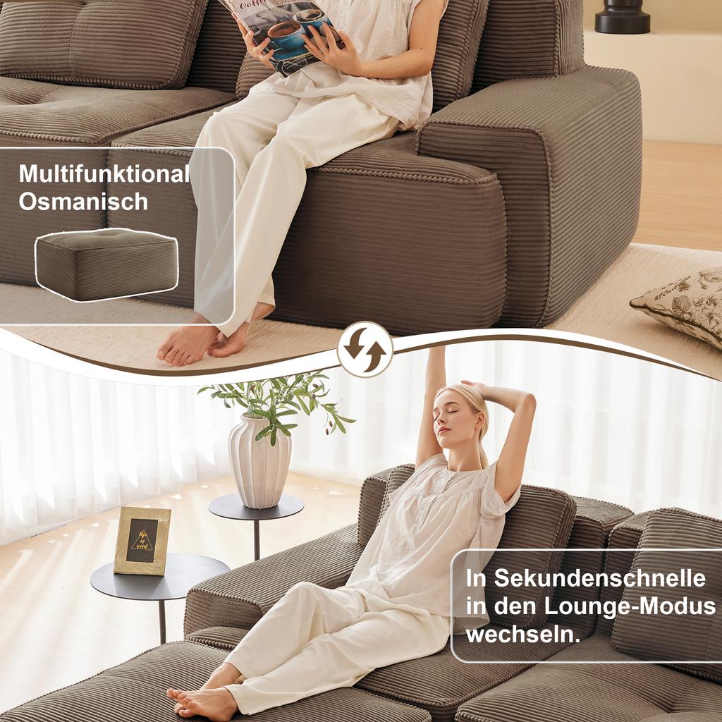 Boneless Modular Sofa, Modern Living Room Sofa with Deep Seat, Comfortable Corduroy Cloud Sofa, Loveseat Small Sofa, Sofa Bed, Brown