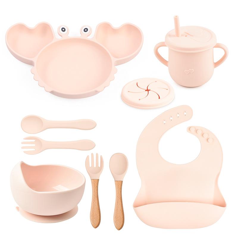 9PCS/Set Baby Silicone Tableware Set Baby Feeding Dishes BPA Free Bowl Plate Bibs Spoon Fork Sets Children Non-slip Dinnerware