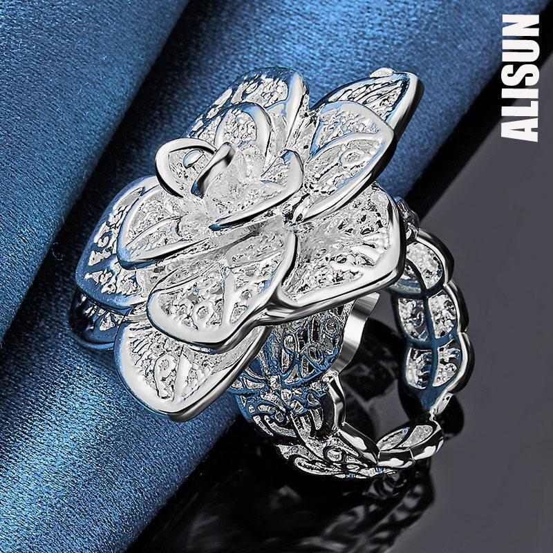 925 Sterling Silver Three Layered Flower Ring with Opening Fashionable Wedding Jewelry