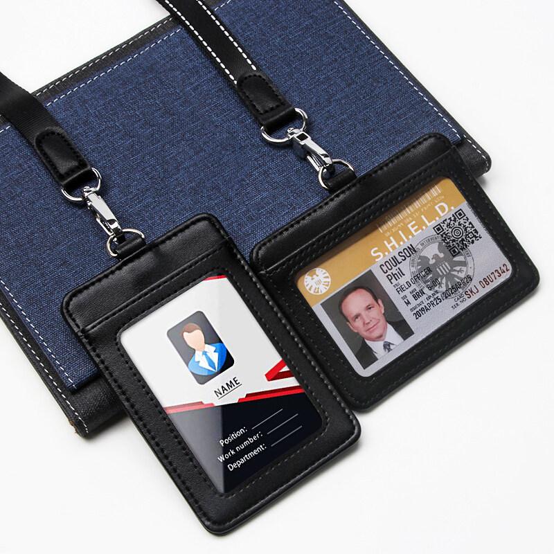 Fashion Genuine Leather ID Holder Business Staff Job Number Card Holders with Lanyard Bus Card Cover Student Worker Employee Card Case