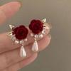 Vintage Rose Pearl Ear Studs Geometric Autumn Winter Earring Wine Red New Year Earring Wedding