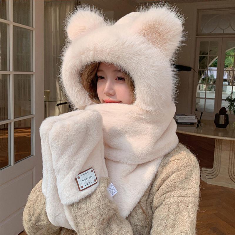 Корейский милый плюшевый комплект из трех предметов для женской осени и зимы Новый шарф, перчатки, шляпа, интегрированная плюс бархатная холодостойкая и теплая шляпа