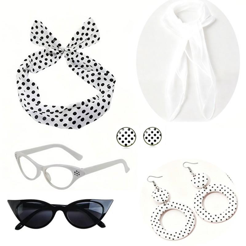 Vintage 1950s Costume Set Polka Dot Earrings Headband Glasses Party Cosplay