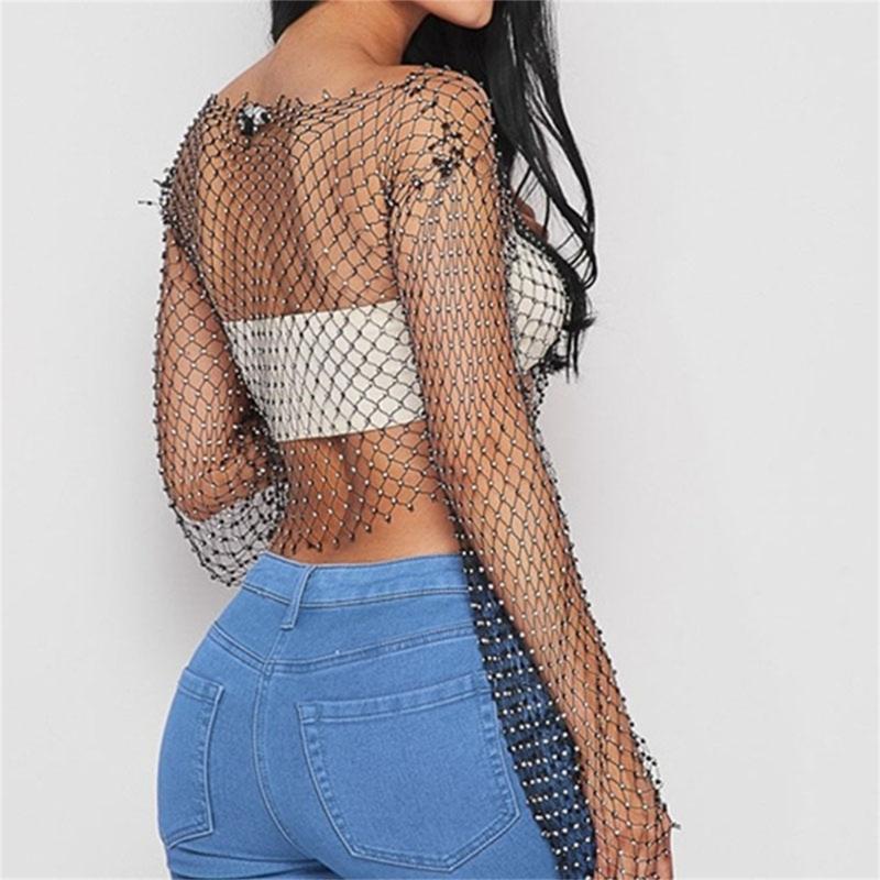 Women Rhinestones Mesh Flared Long Sleeve Crop Top Hollow Out See Through Fishnet Jewelry Cover Up Rave Party Clubwear