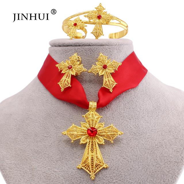 Эфиопский позолоченный крест, ювелирные наборы, кулон, ожерелье, серьги, кольцо, Дубай, подарки для женщин, свадебный комплект из Эритреи