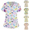 Plus Size Cute Printed Scrub Working Uniform Tops For Women Cross V-Neck Short Sleeve Fun T-Shirts Workwear Tee with Double Pockets