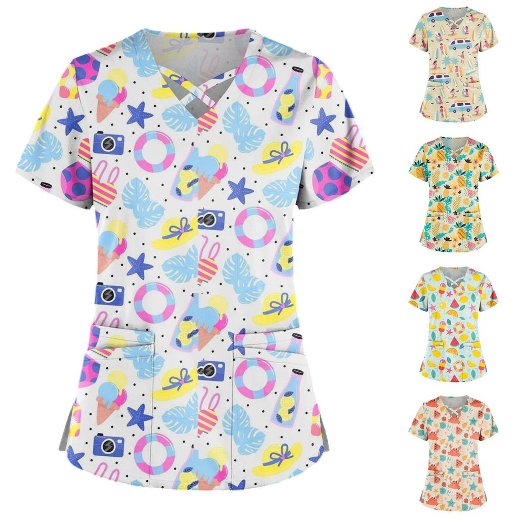 Plus Size Cute Printed Scrub Working Uniform Tops For Women Cross V-Neck Short Sleeve Fun T-Shirts Workwear Tee with Double Pockets