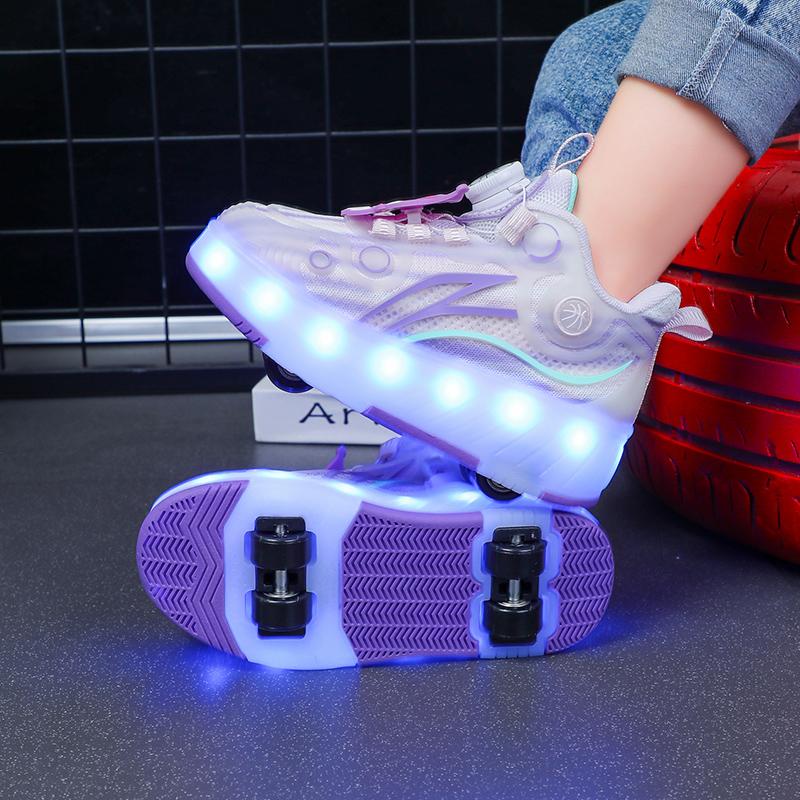 Четырехколесные новые сетчатые светодиодные прогулочные туфли с вращающейся кнопкой детские роликовые коньки обувь для девочек прогулочные туфли для мальчиков