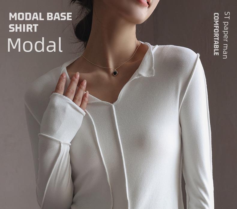 Женский осенний модальный топ с V-образным вырезом, облегающего кроя, с длинными рукавами