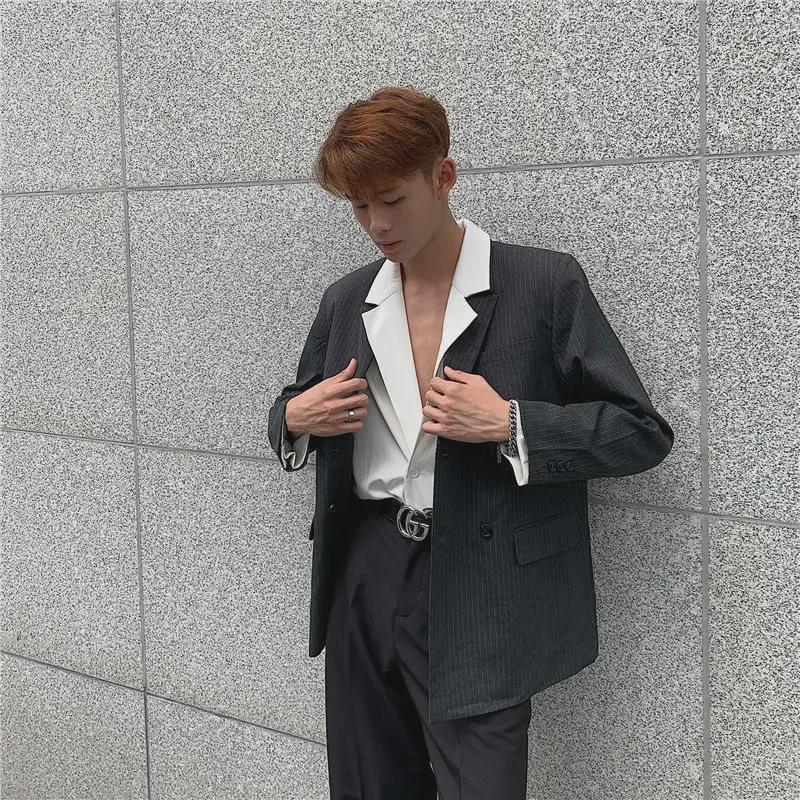 Мужская модная весенняя рубашка в корейском стиле с длинным рукавом и воротником - белая/черная