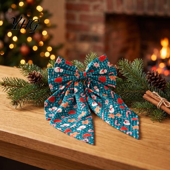 Elegant Long Ribbon Bows Large Christmas Hair Bow for Women Girls, Decorative Clip with Classic Holiday Shiny Satin Clips Prints, Tail Barrettes