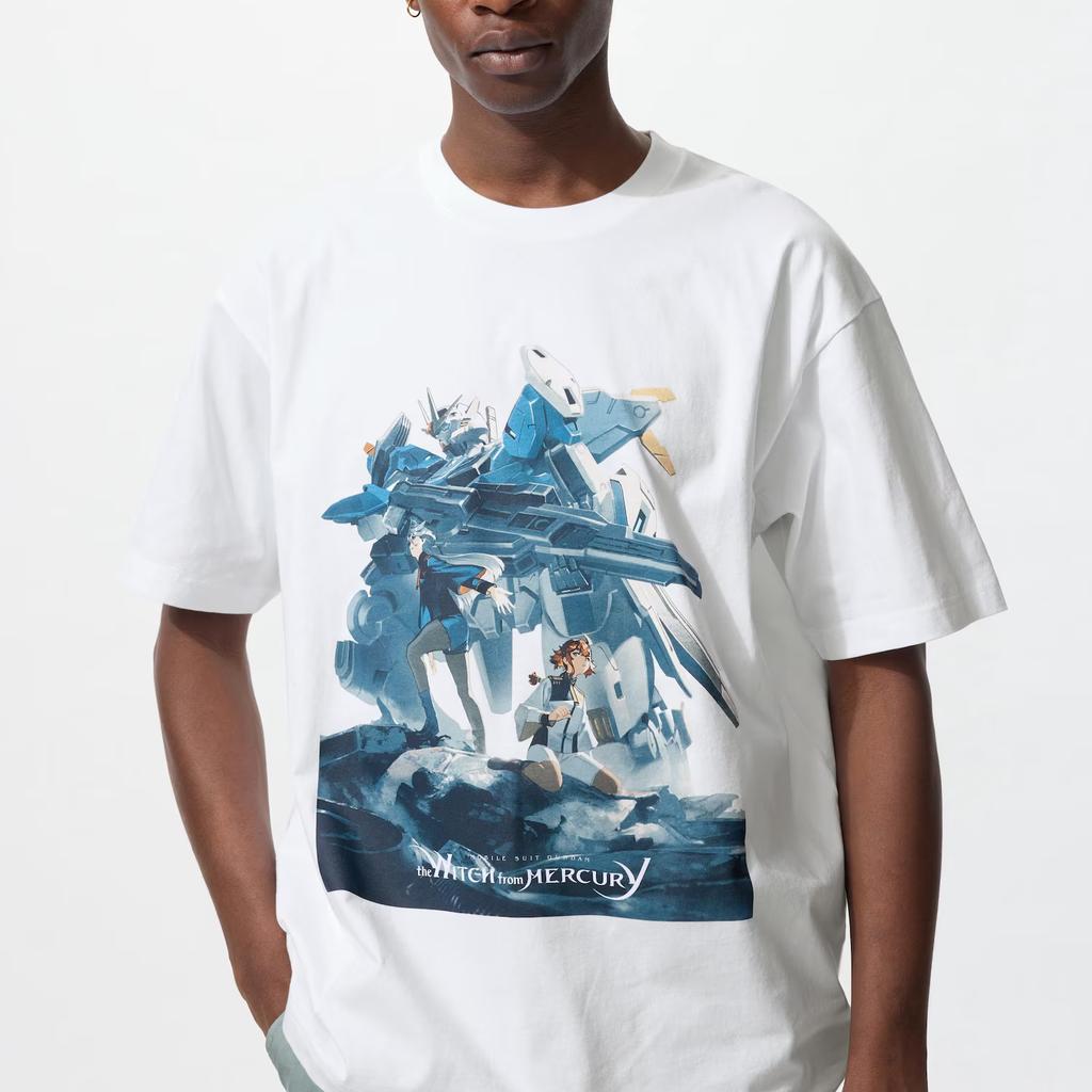 Uniqlo X Mobile Suit Gundam 45-я годовщина Коллаборация SS25 Робот Узор Принт Буквы Свободный крой Круглый вырез Короткий рукав Футболка 474437-00
