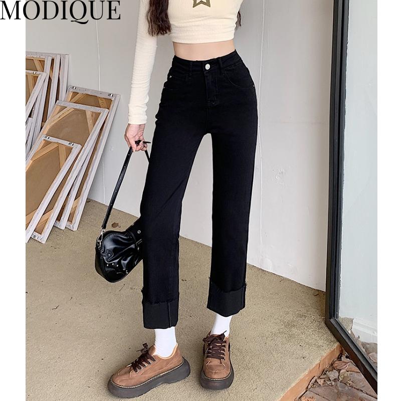 MODIQUE, весенние большие размеры, новые женские винтажные эластичные прямые длинные джинсы с высокой талией, женские базовые повседневные брюки, брюки