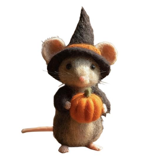 Halloween Felt Mouse Accessories Handmade Animals Statue with Pumpkin Decoration Table Shelf Desk Ornament