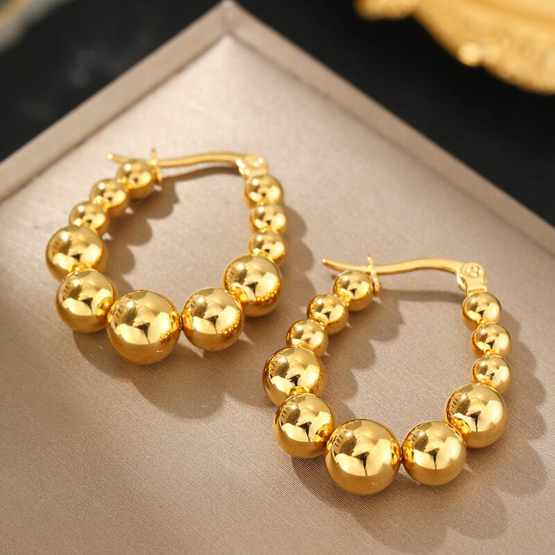 Geometric Stainless Steel Beaded Hoop Earrings for Women Ladies Classic Temperament Earrings Buckle Banquet Jewelry Accessories
