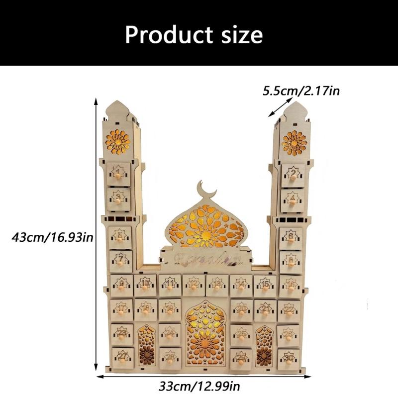 Wood Eid Advent Calendar with LED Light and 30 Drawer Countdown Calendar for Ramadans Table and Home Party Decorations