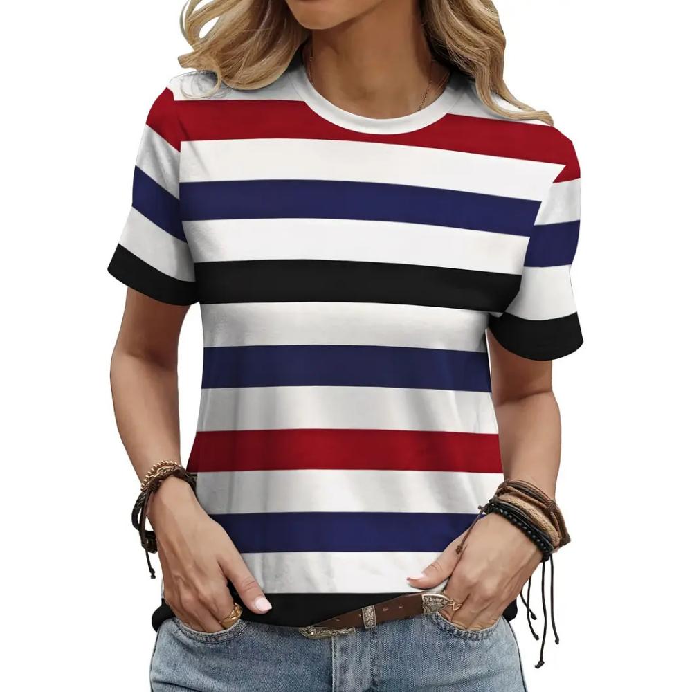 Fashion Women's T-Shirt Stripe Splicing Woman T-Shirt Summer Round Neck Short Sleeve Tops Loose Casual Loose Oversize Clothing