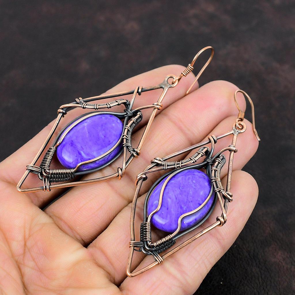 Серьги из чароита, серьги из медной проволоки с драгоценными камнями, ювелирные изделия из чароита, серьги-подвески ручной работы, уникальные ювелирные изделия, подарок на годовщину, ювелирные изделия из меди