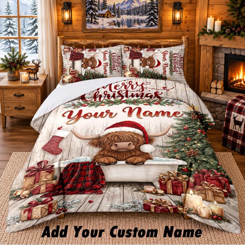 Christmas Custom Name Pattern Bedding 3Pcs Set Bed Sheet Pillowcases Indoor Bedroom Holiday Gift